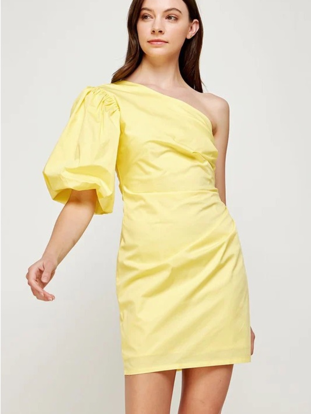 One-Shoulder Puff Sleeve Mini Dress - Yellow